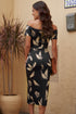Print Off Shoulder Slit Bodycon Midi Dress